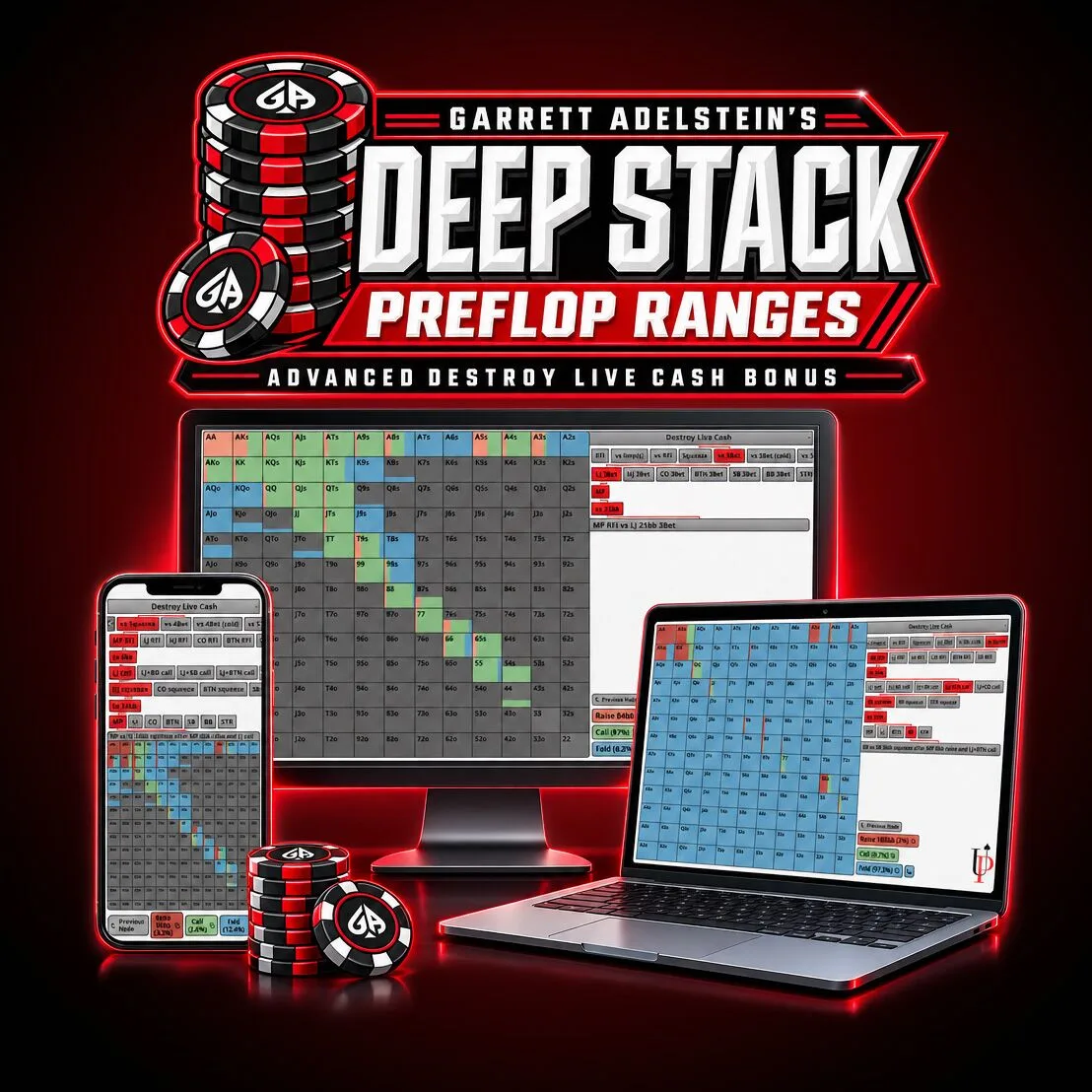 Deep Stack Preflop Ranges 宣传图,展示桌面显示器、笔记本和手机上的彩色手牌范围表。